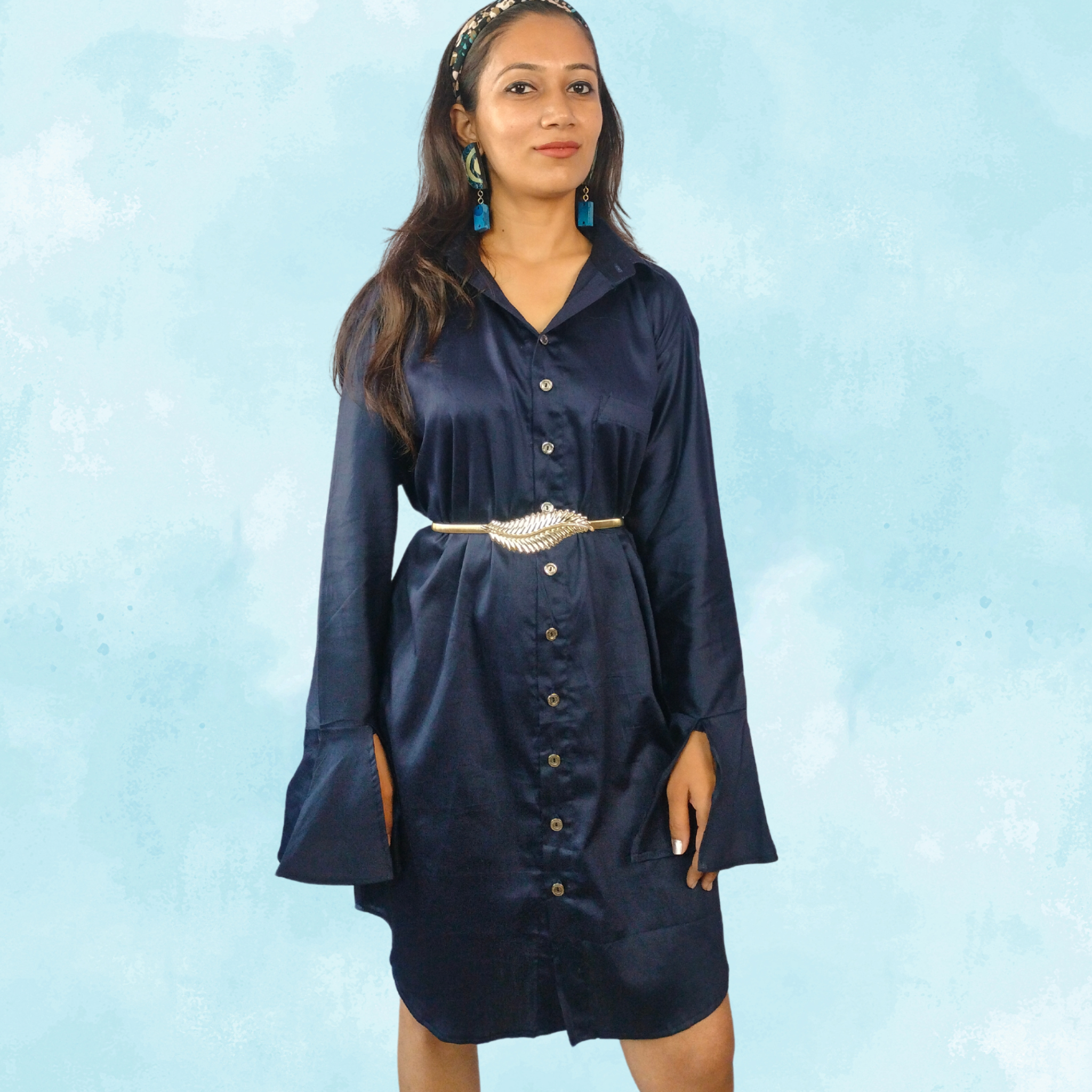 Cobalt Blue Jama Cotton Shirt Dress with Flared Sleeves