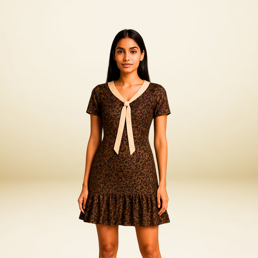 Floral Ruffled Mini Dress with Lace Tie - Lataree