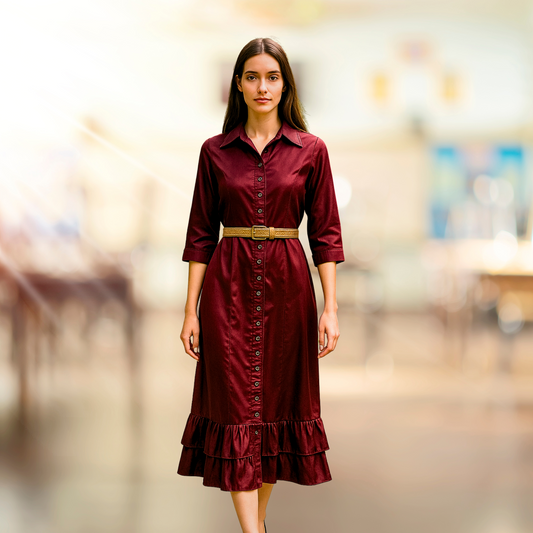 Maroon Button-Down Midi Dress with Ruffle Hem - Lataree