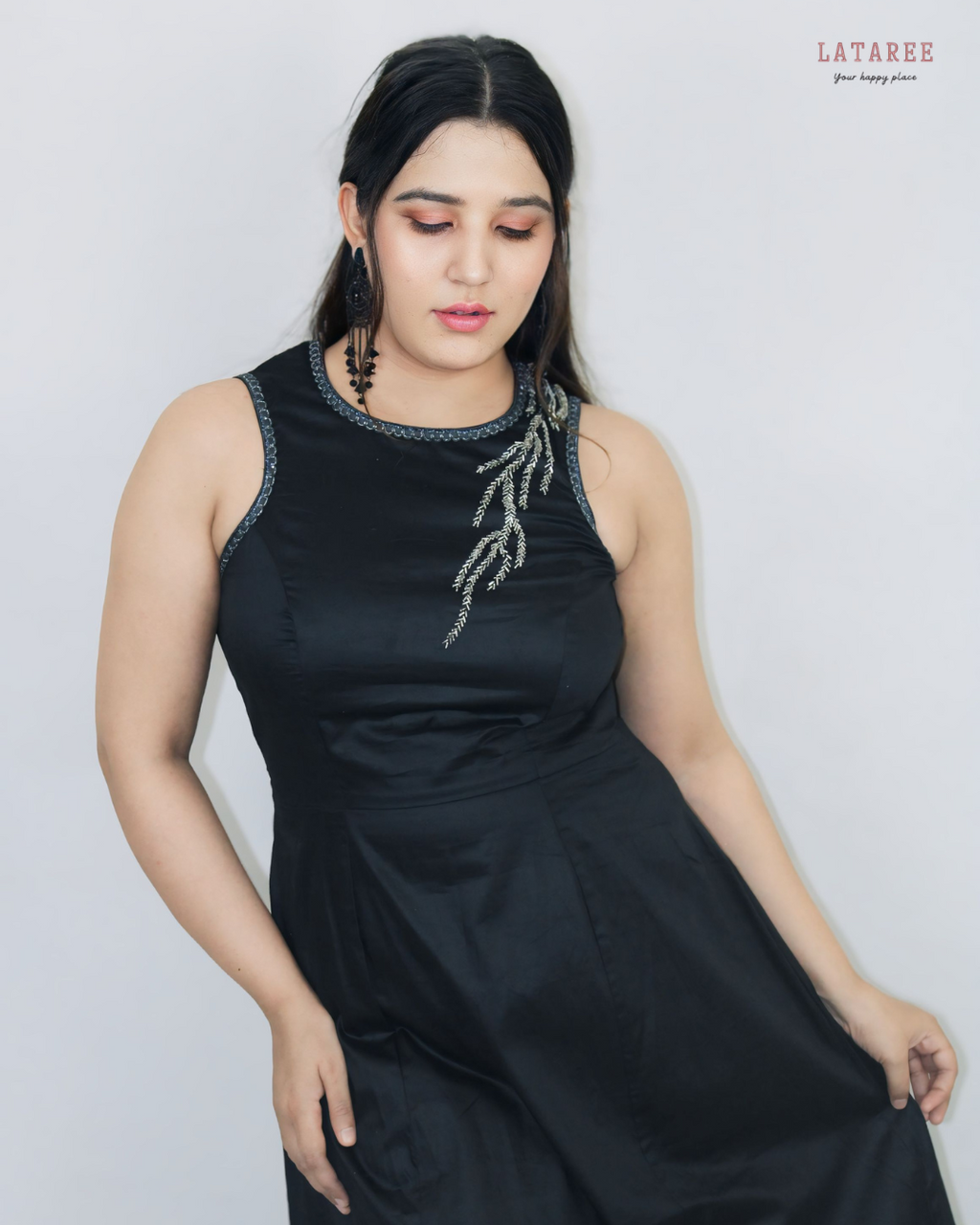 Black Satin Cotton Beaded Gown