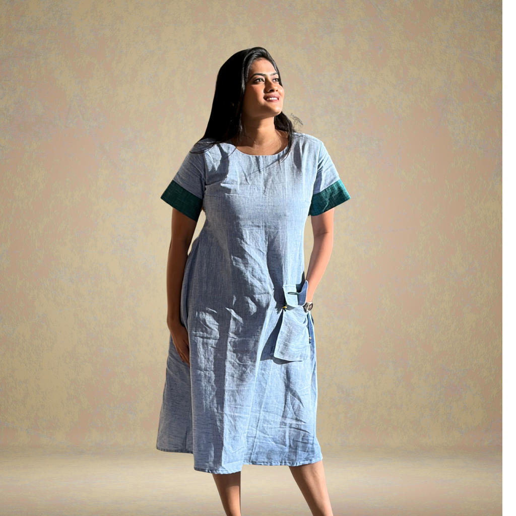 Blue Linen A-Line Dress with cargo pocket