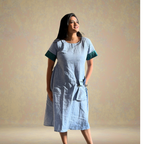 Blue Linen A-Line Dress with cargo pocket