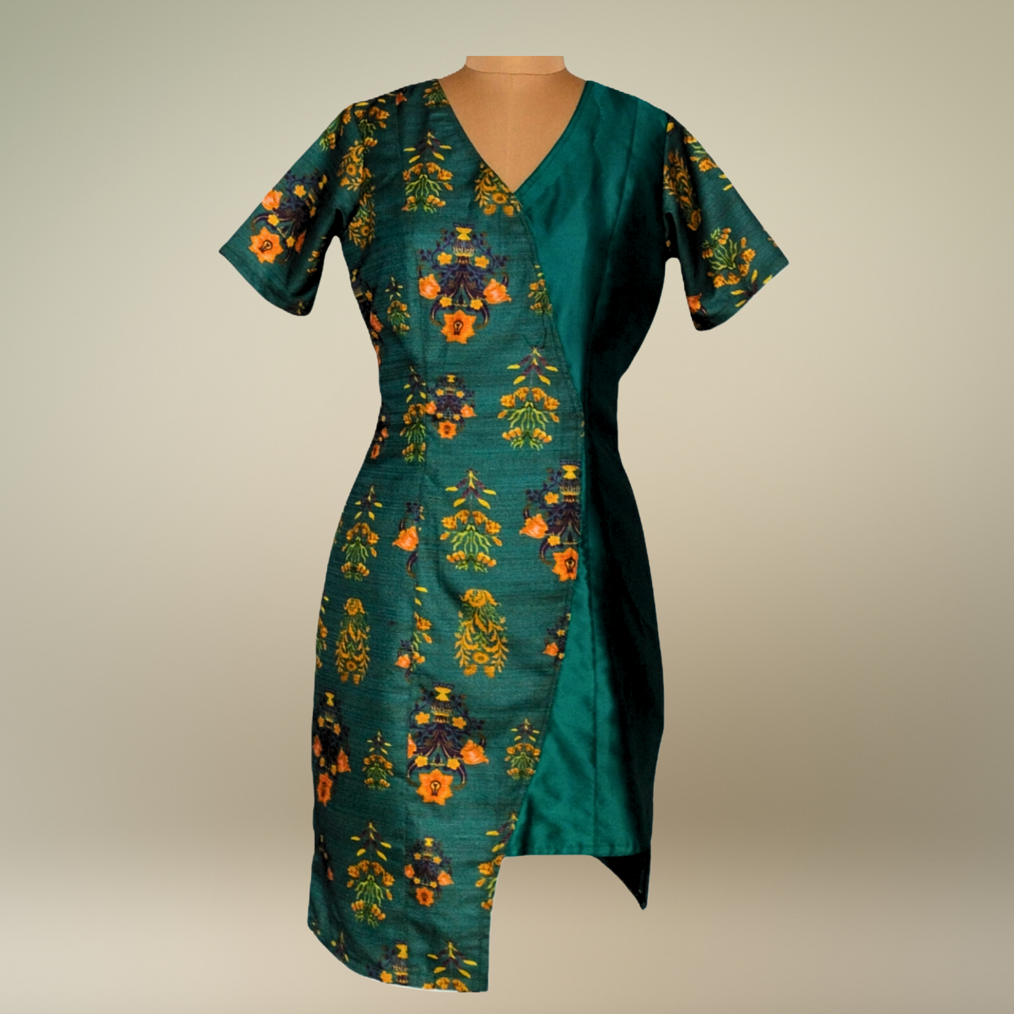 Green Floral Wrap Dress with V-Neckline - Lataree