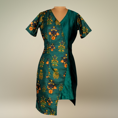 Green Floral Wrap Dress with V-Neckline - Lataree
