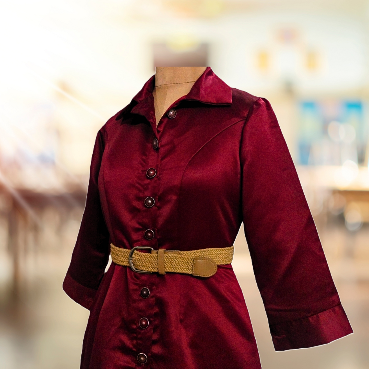 Maroon Button-Down Midi Dress with Ruffle Hem - Lataree