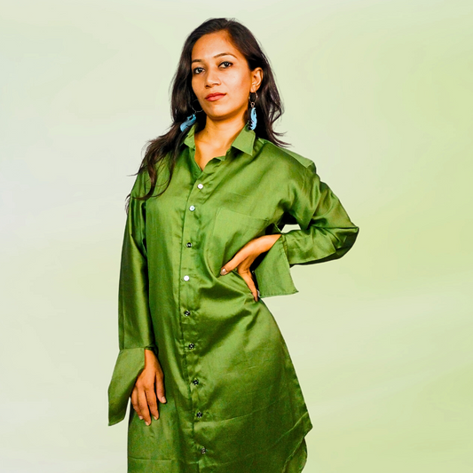 LATAREE Green Shirt Dress with Flared Sleeves & Comfortable Fit – Elegant & Functional