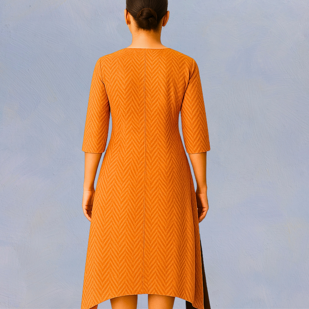 Mustard and Brown Wrap Midi Dress with Geometric Print