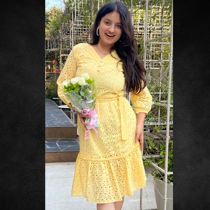 Yellow Full-Sleeve Eyelet Tiered midi Dress - Lataree