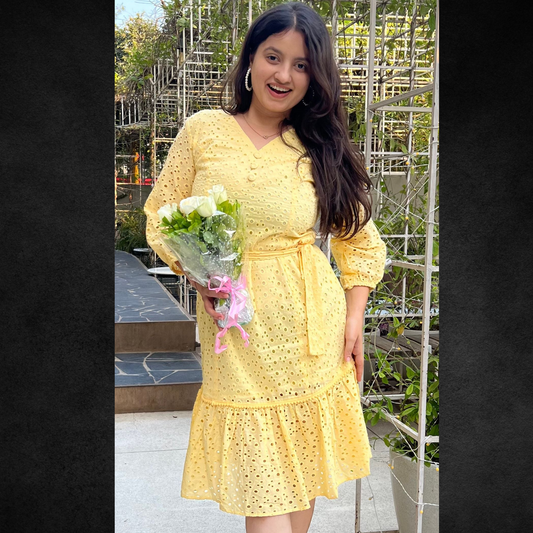 Yellow Full-Sleeve Eyelet Tiered midi Dress - Lataree