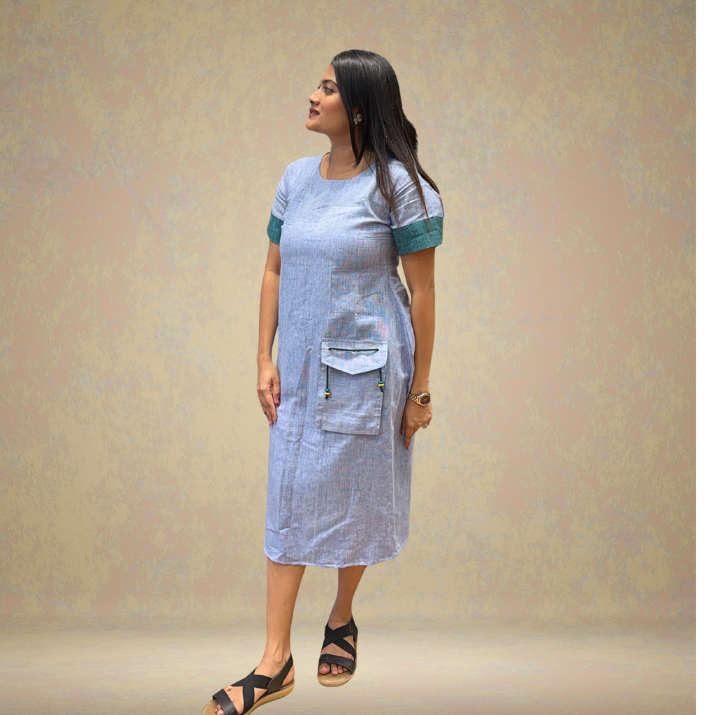 Blue Linen A-Line Dress with cargo pocket