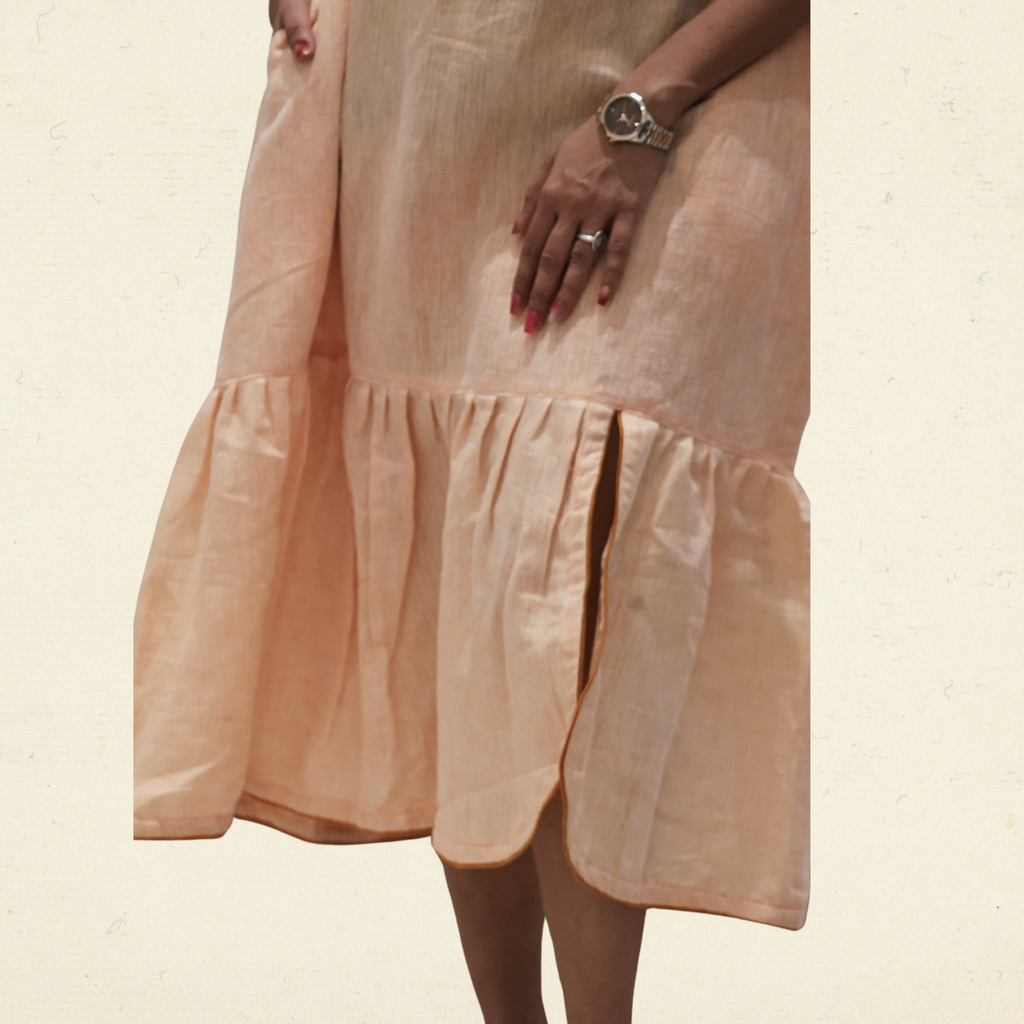 Peach Linen Midi Dress with Pockets for Women