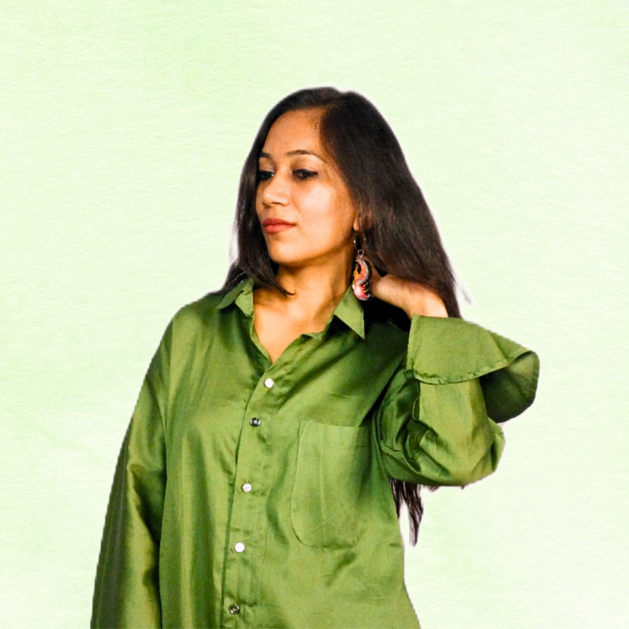 Green Shirt Dress with Flared Sleeves & Comfortable Fit