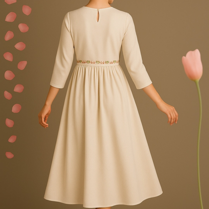 White V-Neck Midi Dress with Embroidered Waistline - Lataree