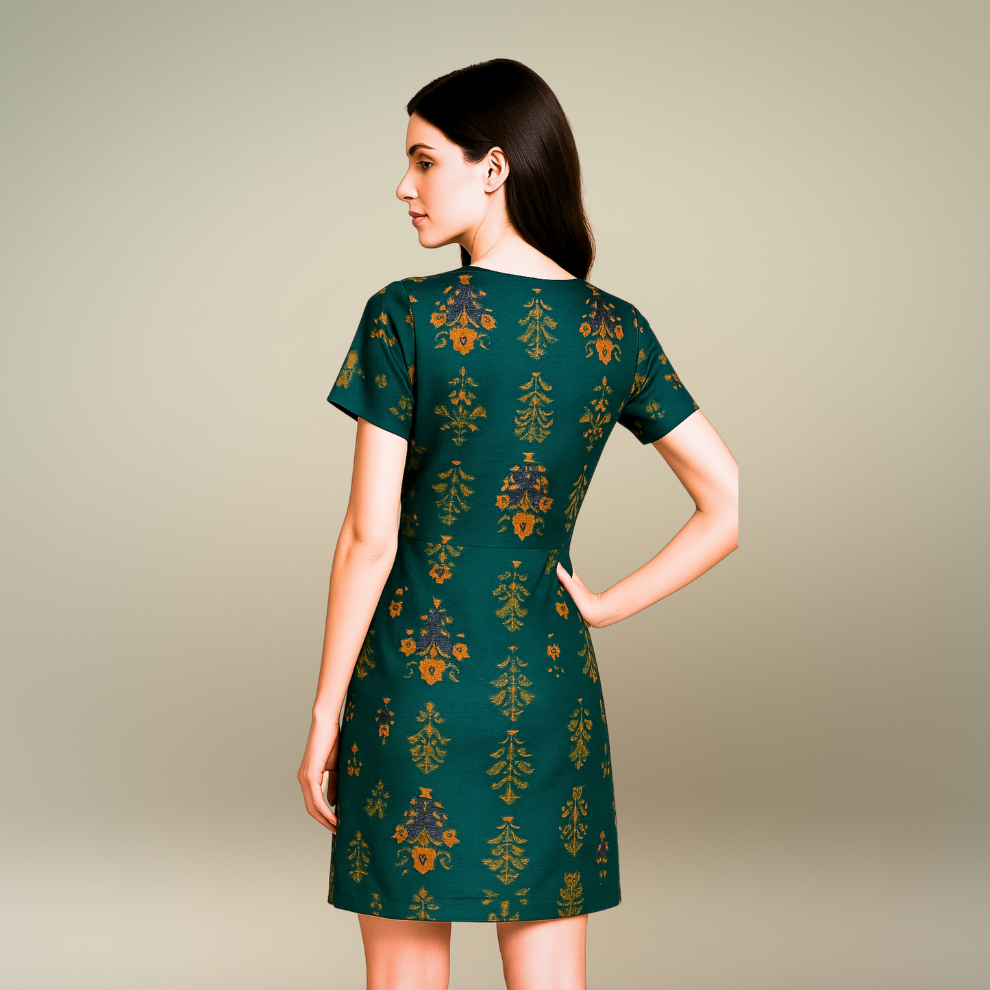Green Floral Wrap Dress with V-Neckline - Lataree