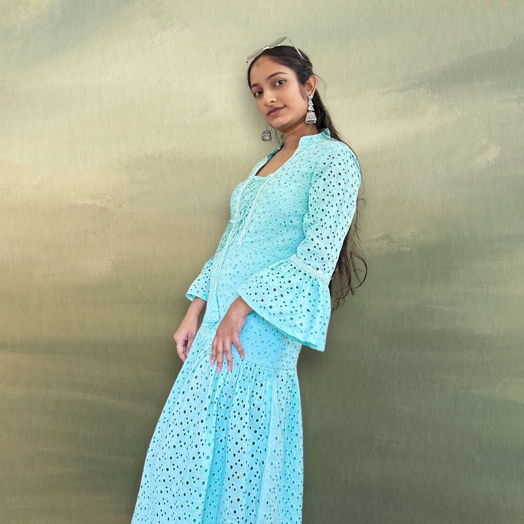 Aqua Blue Floral Embroidered Tiered Midi Dress