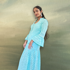 Aqua Blue Floral Embroidered Tiered Midi Dress