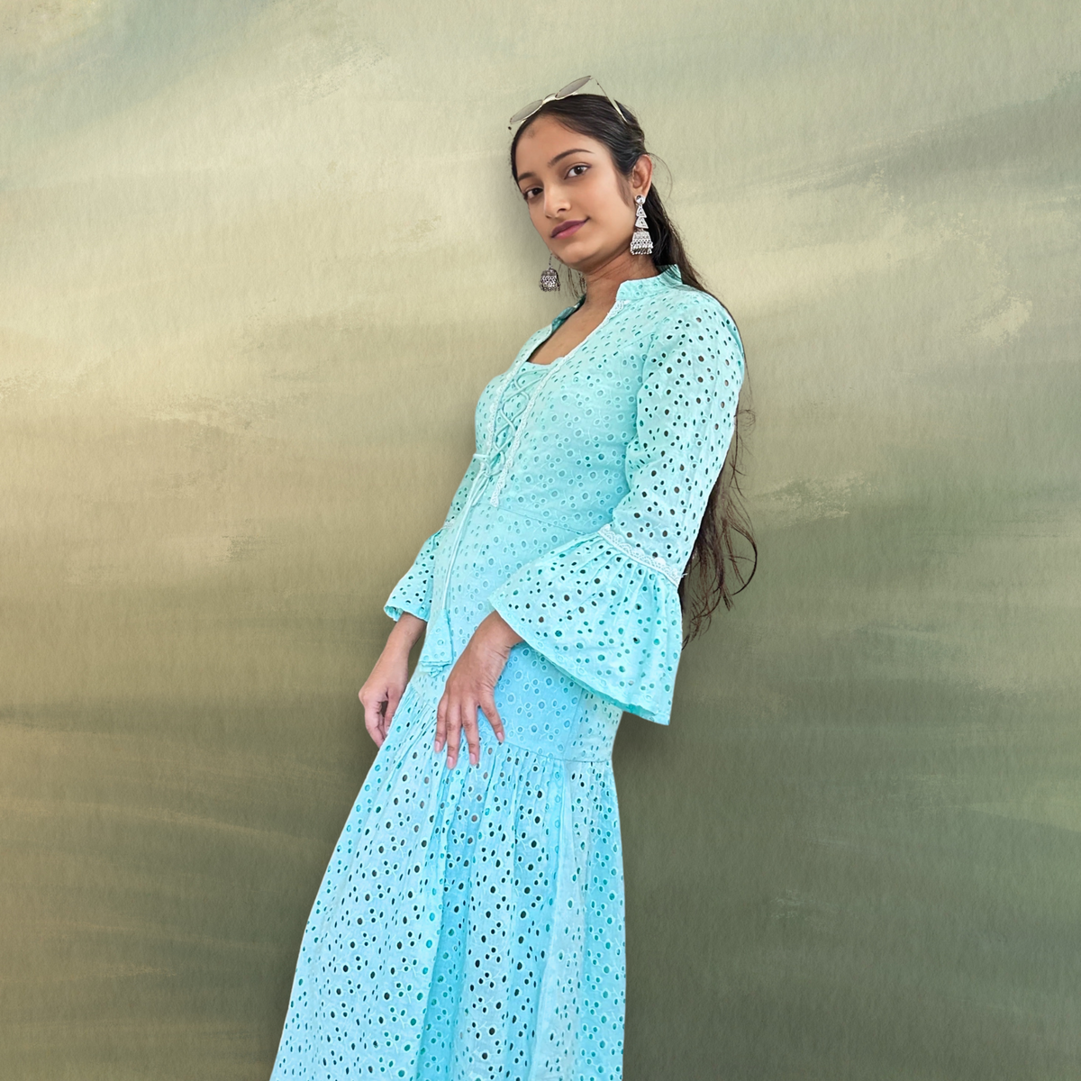 Aqua Blue Floral Embroidered Tiered Midi Dress