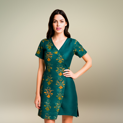 Green Floral Wrap Dress with V-Neckline - Lataree