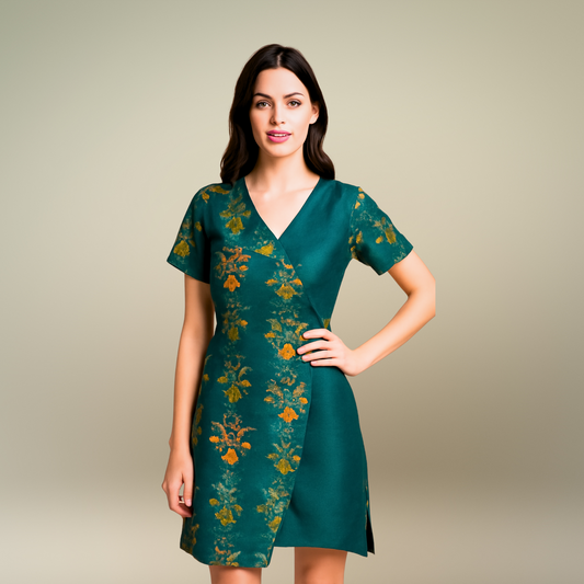 Green Floral Wrap Dress with V-Neckline - Lataree