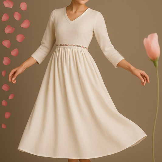 White V-Neck Midi Dress with Embroidered Waistline - Lataree