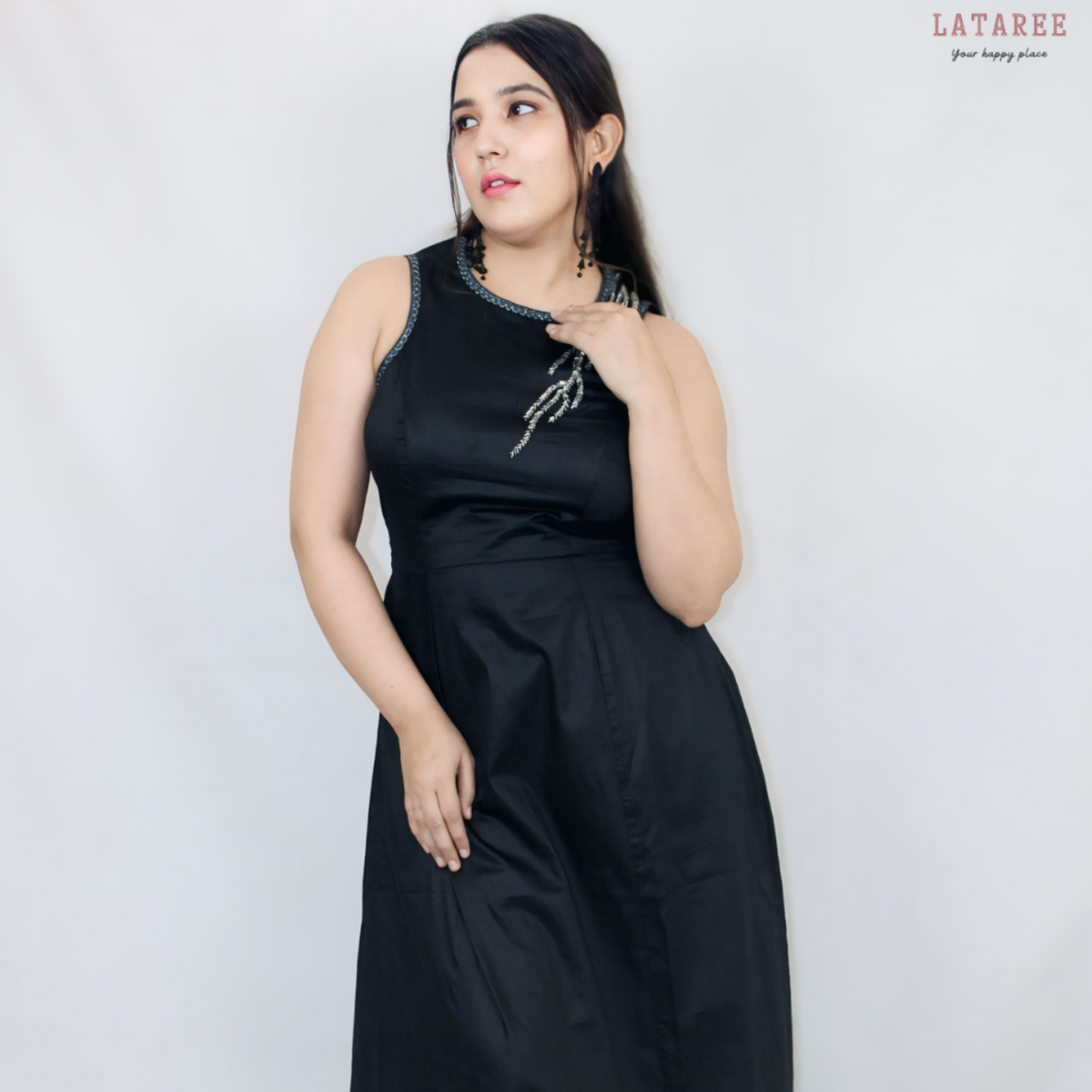 Black Satin Cotton Beaded Gown