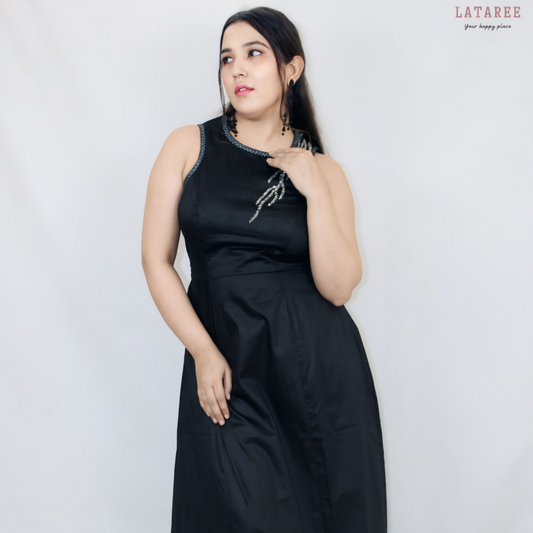 LATAREE Black Satin Cotton Beaded Maxi Dress | Elegant Sleeveless Flared Gown for Women
