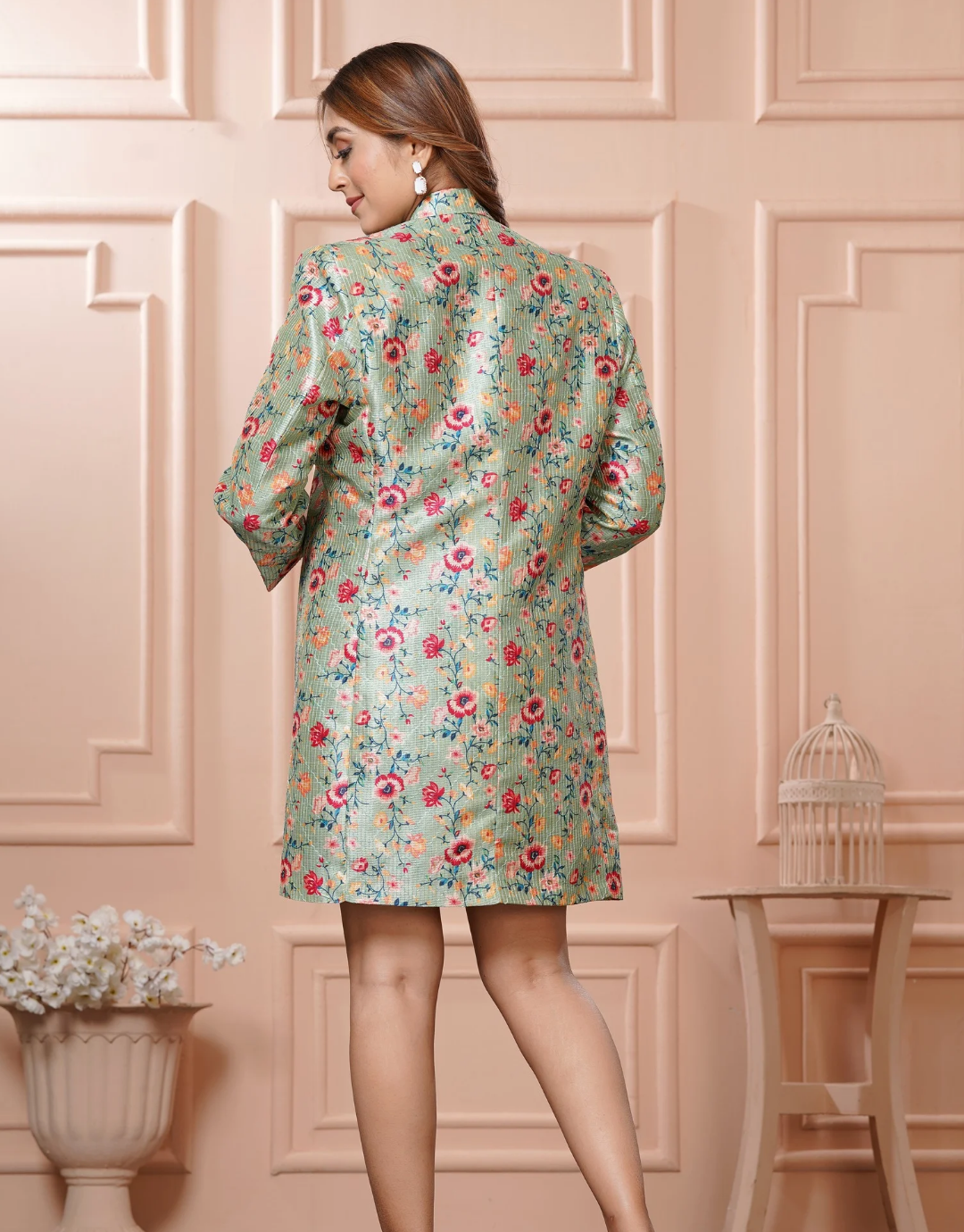 Green Floral Bodycon Dress with Tailored Blazer - Lataree