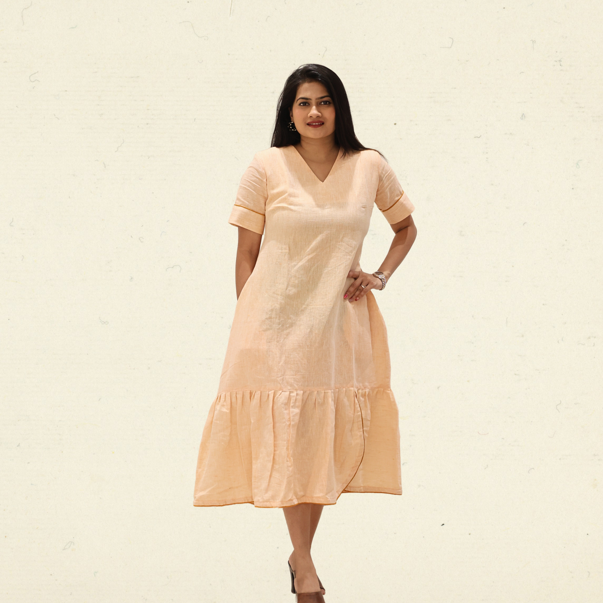 Peach Linen Midi Dress with Pockets for Women