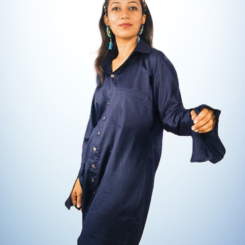 Cobalt Blue Jama Cotton Shirt Dress with Flared Sleeves