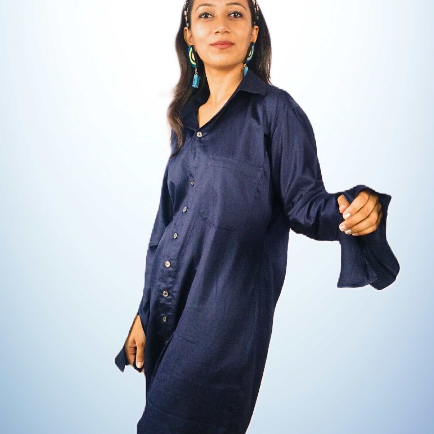 LATAREE Cobalt Blue Jama Cotton Shirt Dress with Flared Sleeves – Comfortable & Elegant