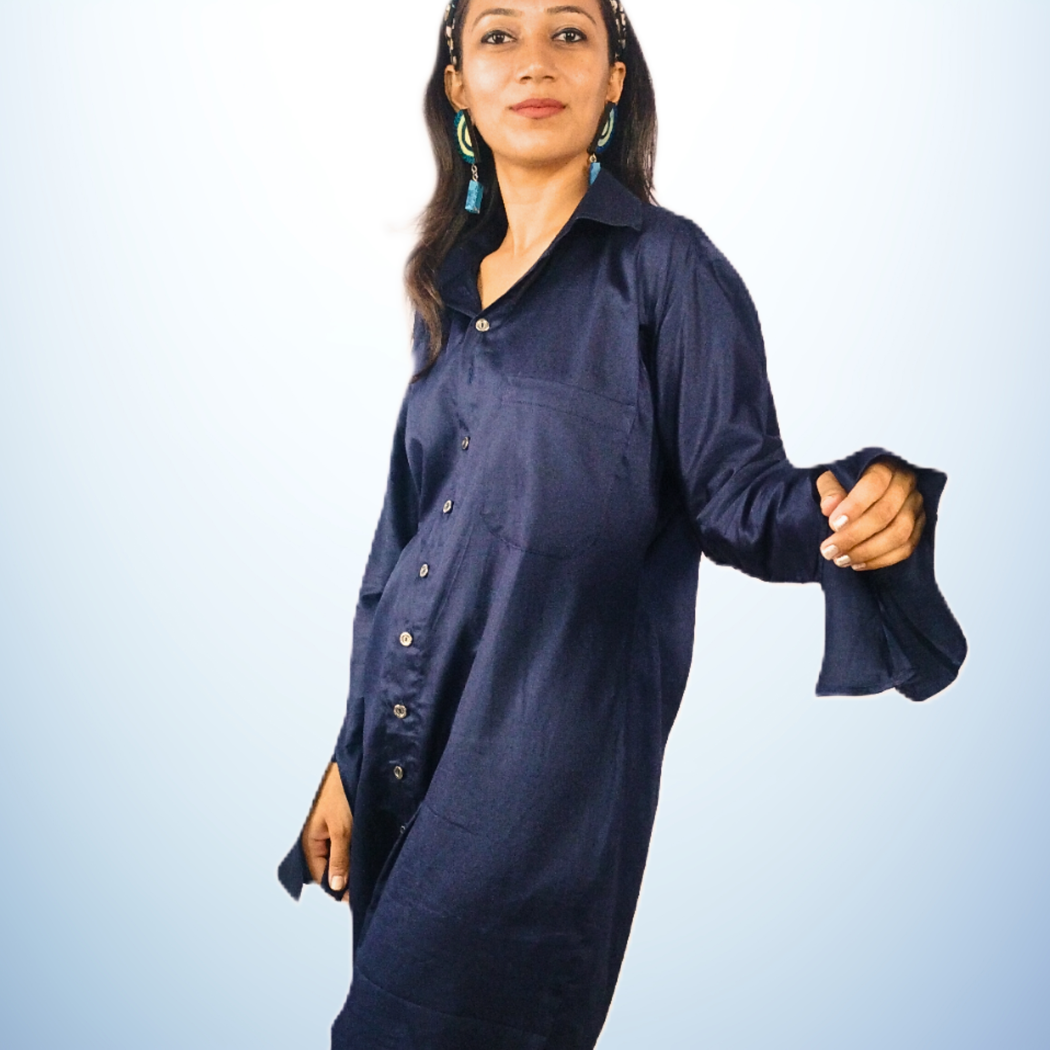 Cobalt Blue Jama Cotton Shirt Dress with Flared Sleeves