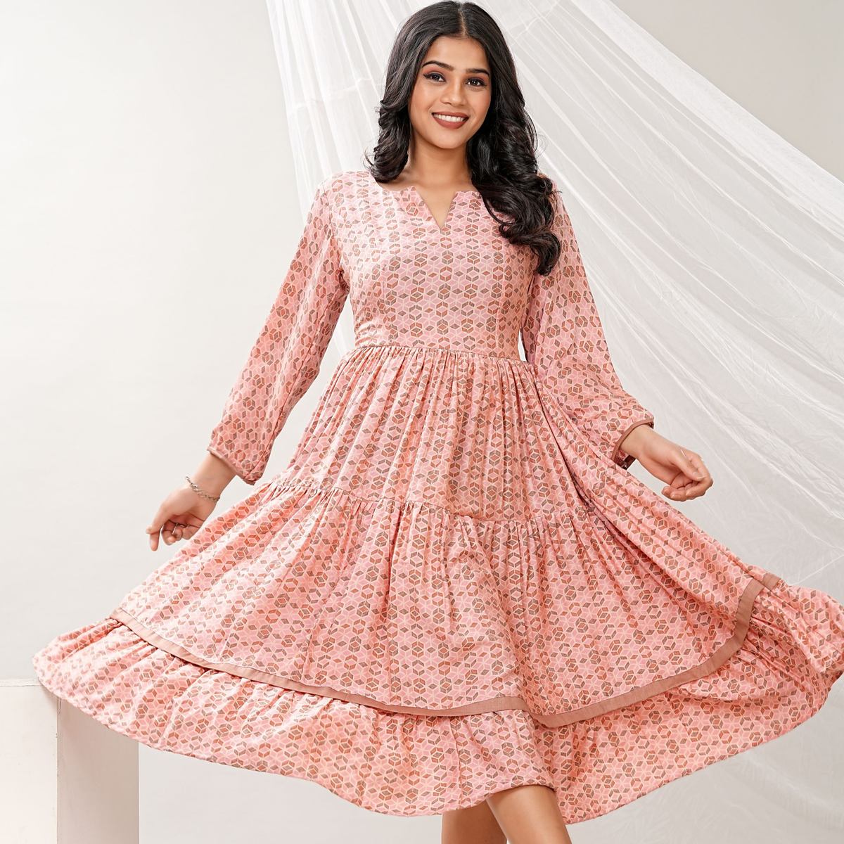 Pink Muslin Flared Midi Dress
