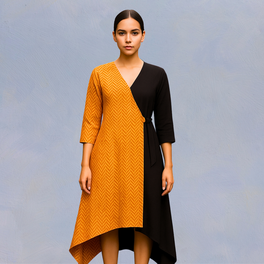 Mustard and Brown Wrap Midi Dress with Geometric Print - Lataree