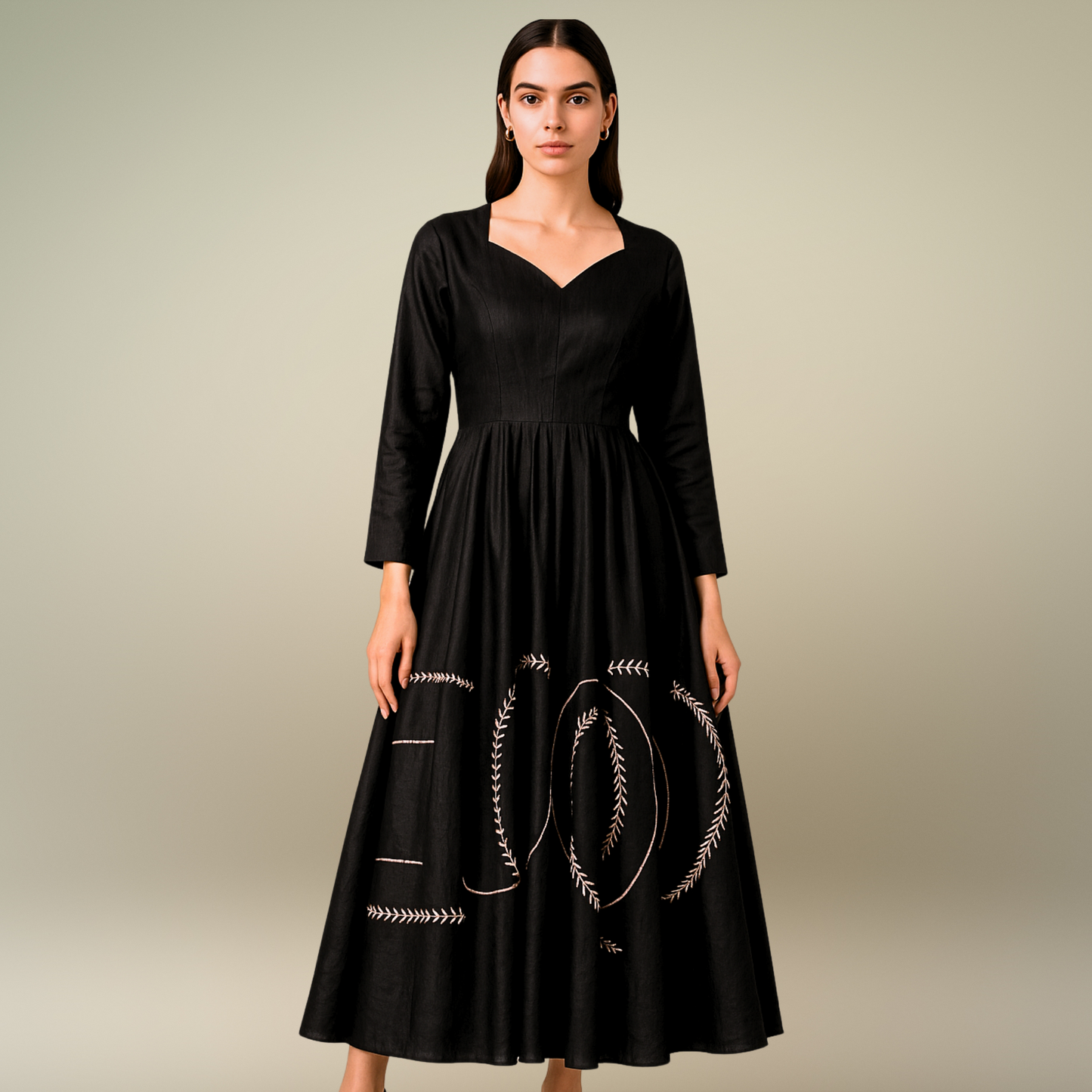 Black Embroidered Flared Gown with Sweetheart Neckline - Lataree