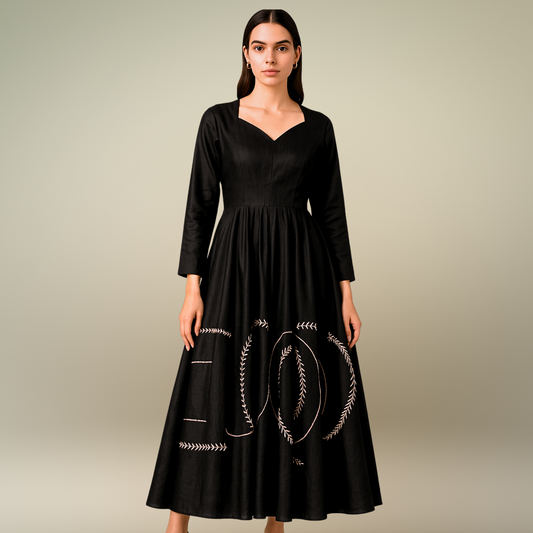 Black Embroidered Flared Gown with Sweetheart Neckline - Lataree
