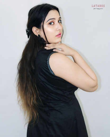 Black Satin Cotton Beaded Gown - Lataree