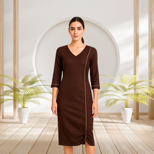 Chocolate Brown Bodycon Dress with Gathered Hem - Lataree