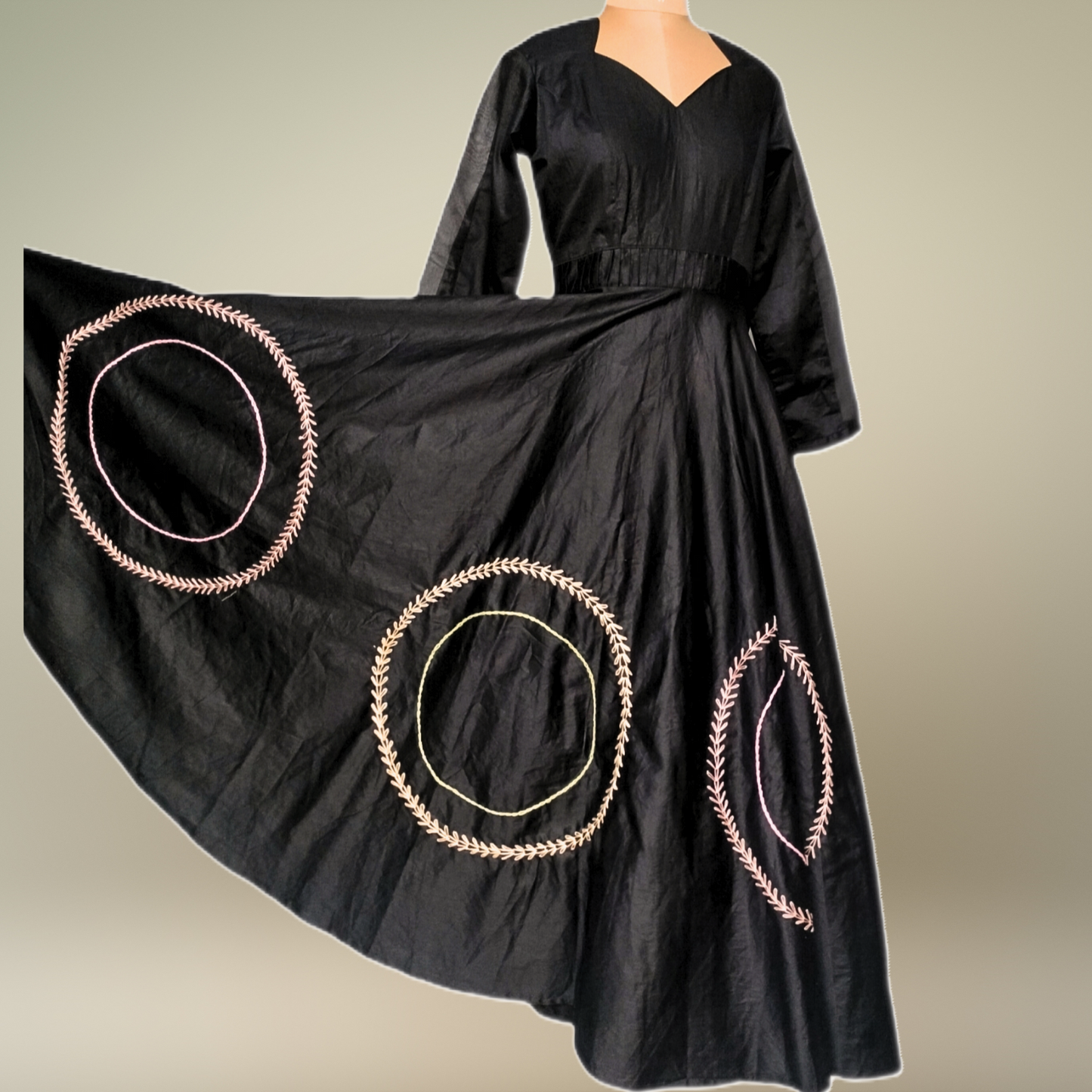 Black Embroidered Flared Gown with Sweetheart Neckline - Lataree
