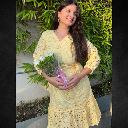 Yellow Full-Sleeve Eyelet Tiered midi Dress - Lataree