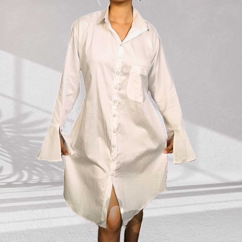 White Jama Cotton Shirt Dress with Flared Sleeves