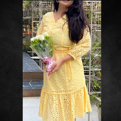 Yellow Full-Sleeve Eyelet Tiered midi Dress - Lataree