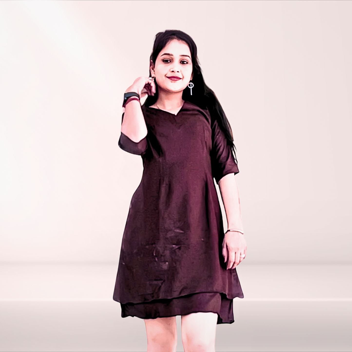 Coffee Brown Double-Layer Rayon Mini Dress with Pockets - Lataree