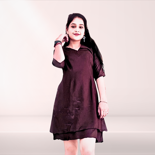 LATAREE Coffee Brown Double-Layer Rayon Dress with V-Neck & Pockets – Elegant & Functional
