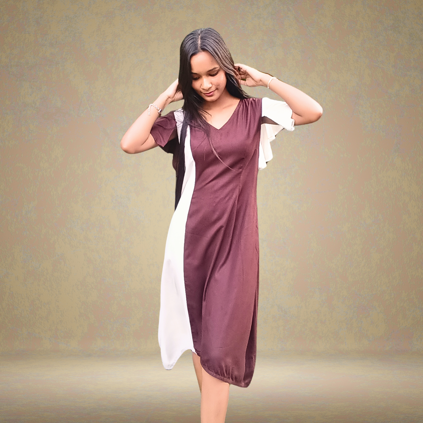 Coffee Brown & White Panel  Midi Dress - Lataree