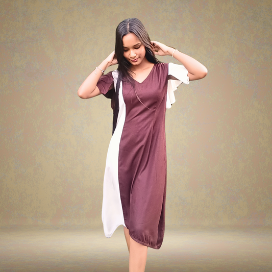 Coffee Brown & White Panel  Midi Dress - Lataree