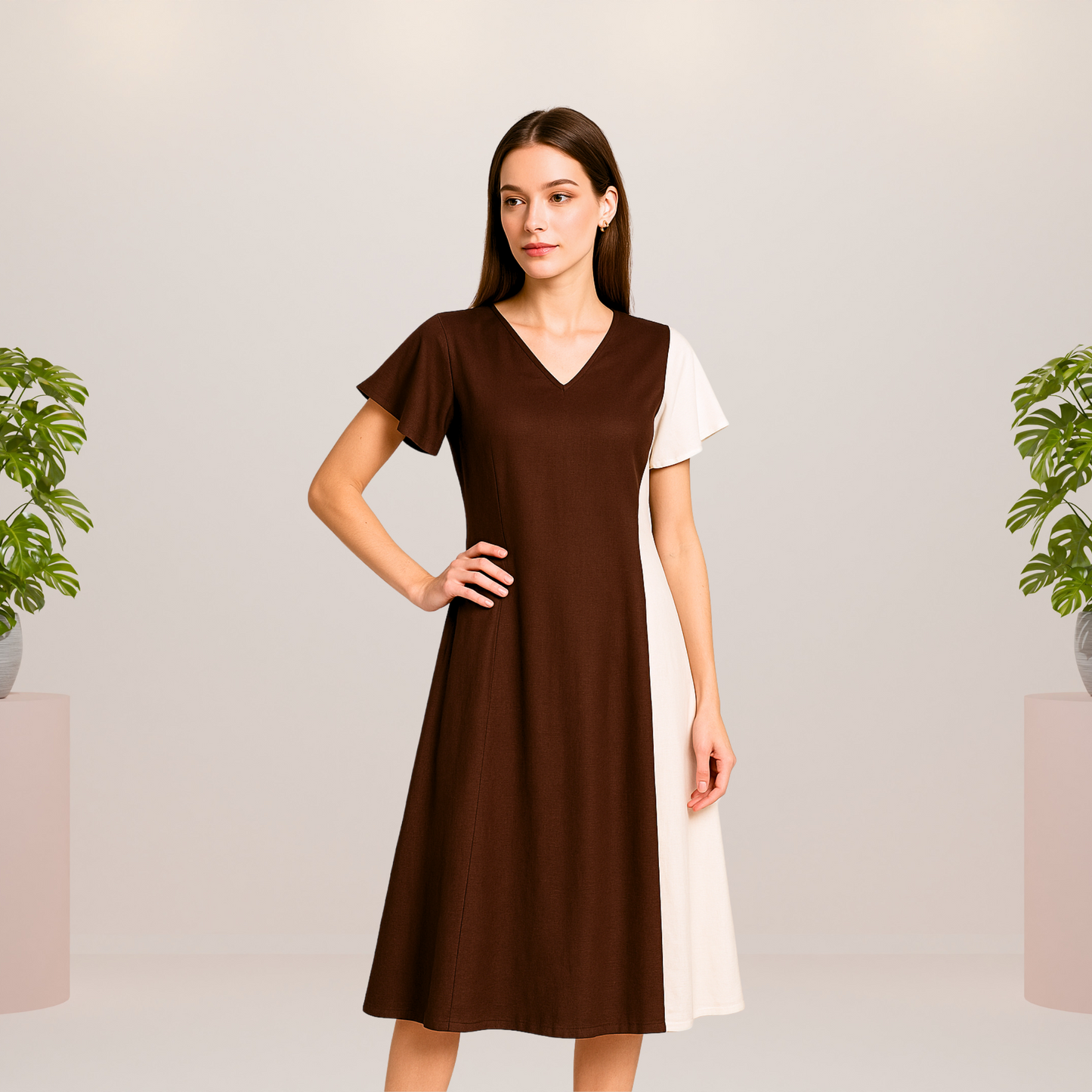 Coffee Brown & White Panel  Midi Dress - Lataree