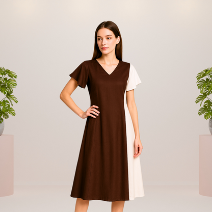 Coffee Brown & White Panel  Midi Dress - Lataree