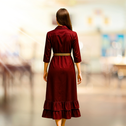 Maroon Button-Down Midi Dress with Ruffle Hem - Lataree