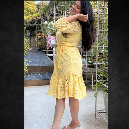 Yellow Full-Sleeve Eyelet Tiered midi Dress - Lataree